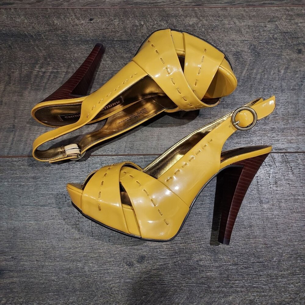 Chinese Laundry Yellow Patent Leather Slingback Brown Heels Pickstitch Size 7 - Picture 2 of 12